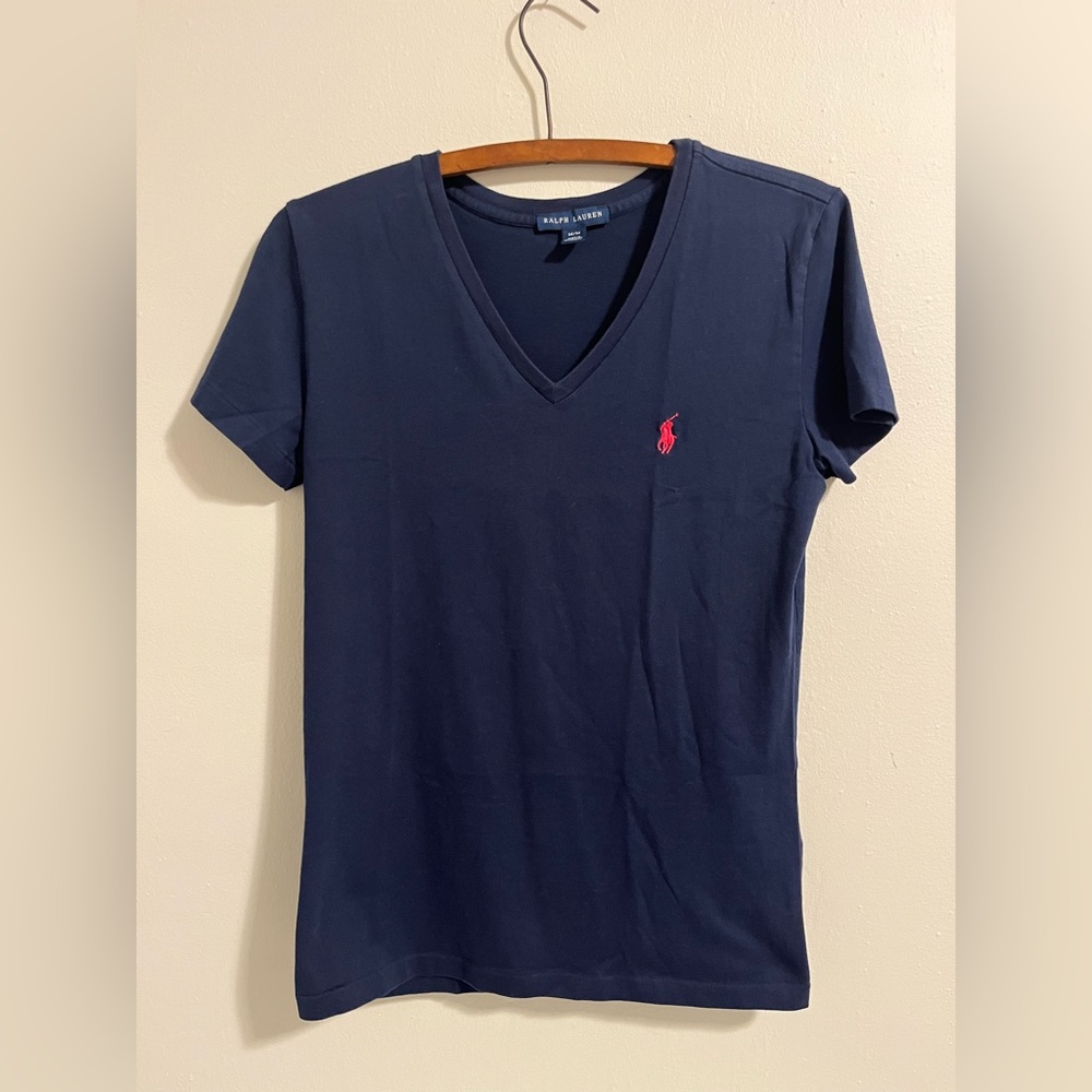 LADIES RALPH LAUREN POLO V NECK SHIRT NAVY BLUE RED HORSE M